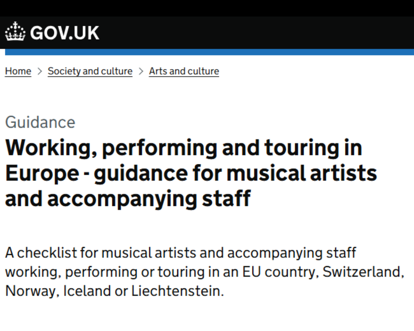 Gov.uk Guidance: Checklist for working, performing and touring in Europe